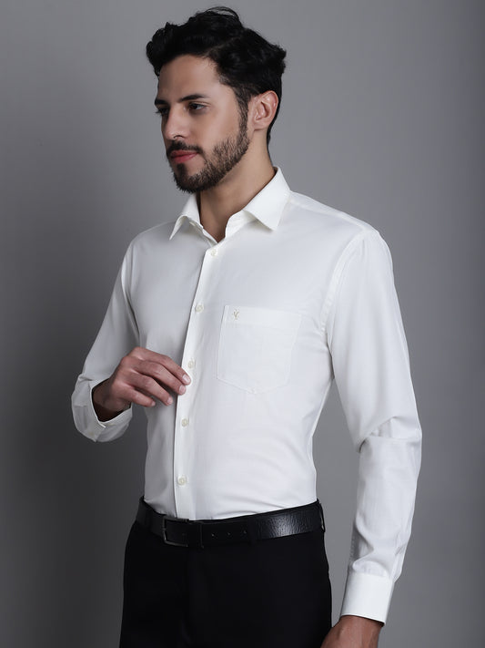 Cantabil Cotton Blend Self Design off White Full Sleeve Formal Shirt for Men with Pocket (7165407002763)