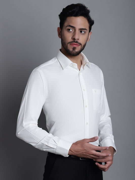 Cantabil Cotton Blend Self Design off White Full Sleeve Formal Shirt for Men with Pocket (7165407002763)