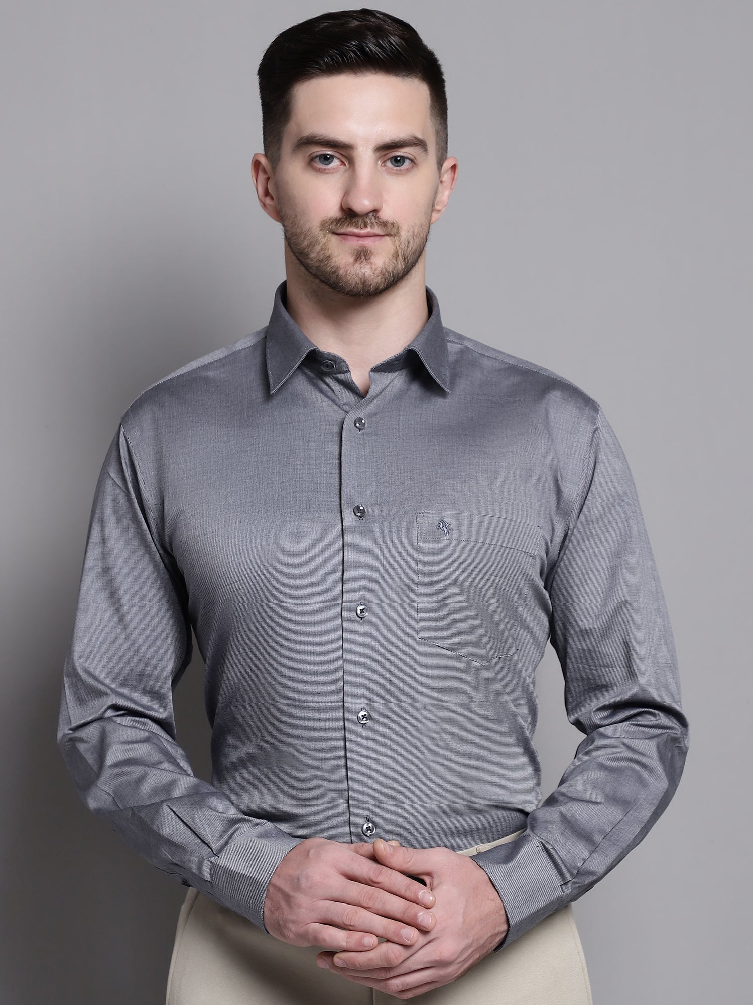 Men's Grey Formal Fil a Fil Plain Full Sleeve Shirt – Cantabil