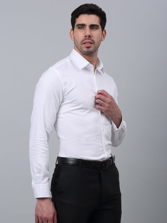 Men's White Formal Self Textured Full Sleeve Shirt