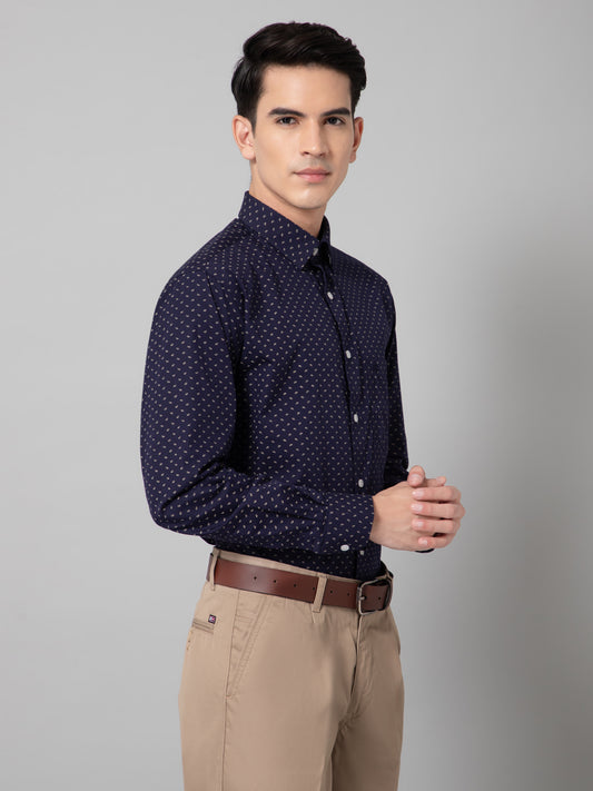 Men's Navy Blue Formal Ditsy Print Full Sleeve Shirt
