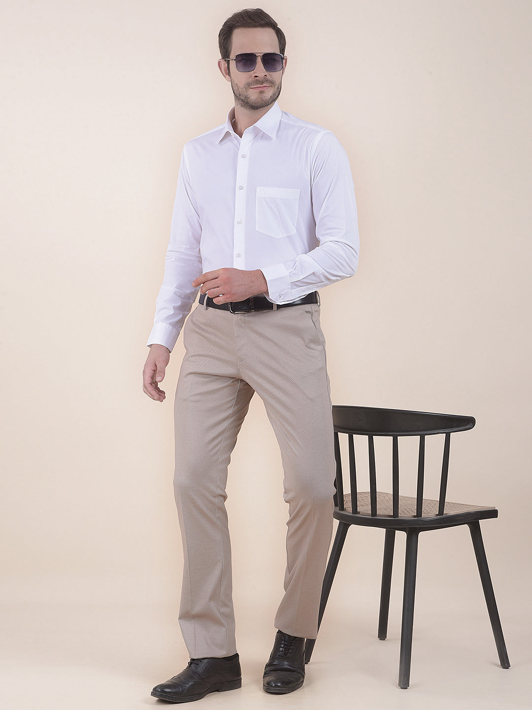White Slim Fit Cotton Stretch Spread Collar Solid Full Sleeve Formal Shirt