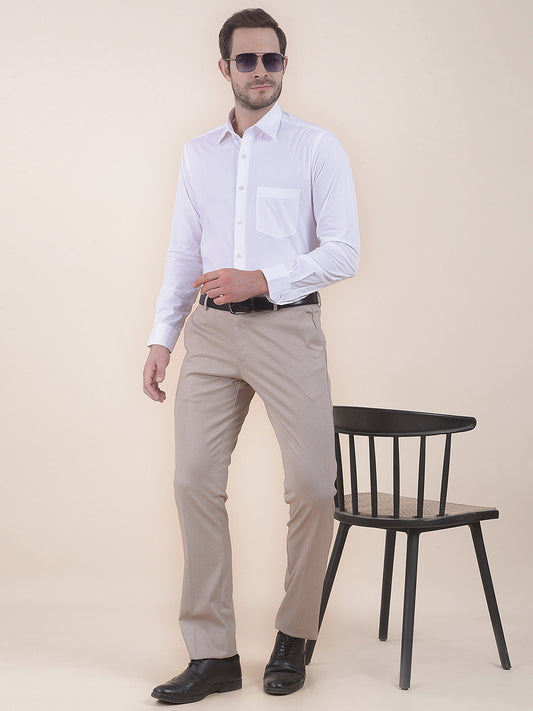 White Slim Fit Cotton Stretch Spread Collar Solid Full Sleeve Formal Shirt