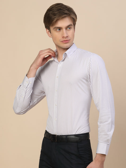 Formal Shirt for Men | Breathable & Soft with Color Fastness Regular Fit Spread Collar Neck Cotton Blend Fabric Striped Pattern