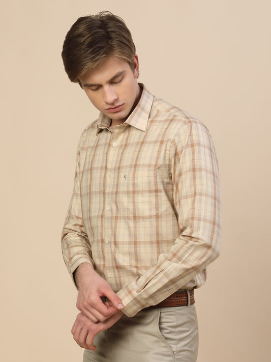 Formal Shirt for Men | Breathable & Soft with Color Fastness Regular Fit Spread Collar Neck Cotton Fabric Check Pattern