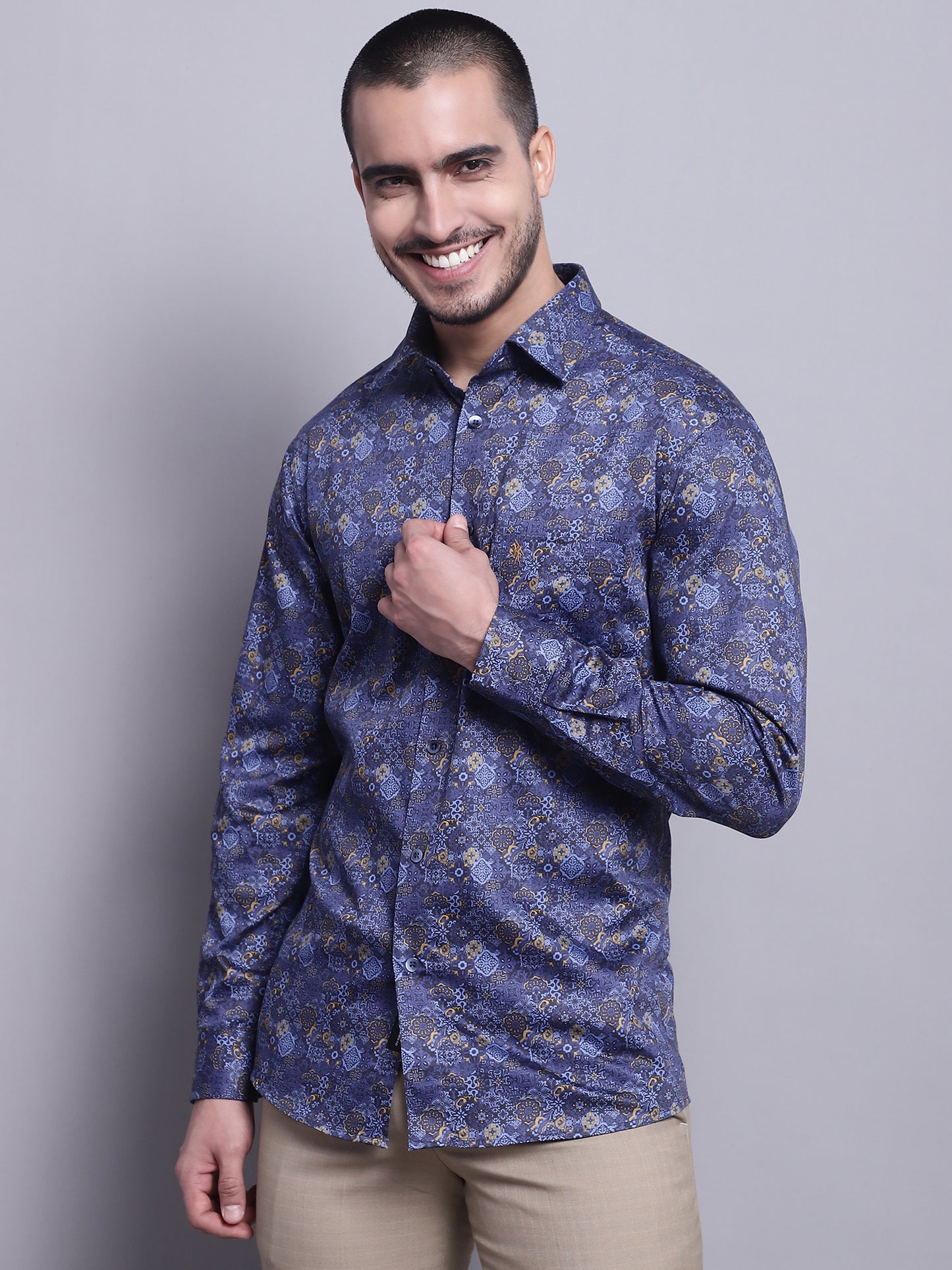 Cantabil Men Navy Blue Party Wear Shirt (7137596473483)