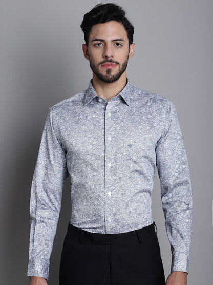 Men's Navy Regular Fit Printed Full Sleeve Party Wear Shirt