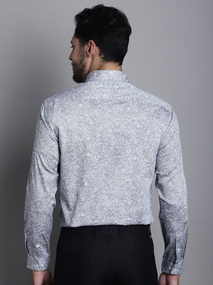 Men's Navy Regular Fit Printed Full Sleeve Party Wear Shirt