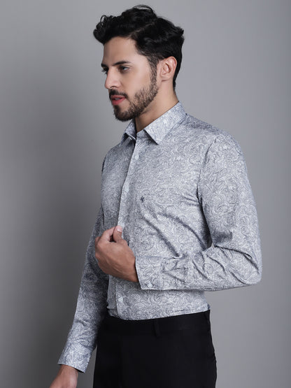 Men's Navy Regular Fit Printed Full Sleeve Party Wear Shirt