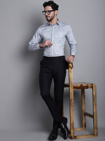 Men's Navy Regular Fit Printed Full Sleeve Party Wear Shirt