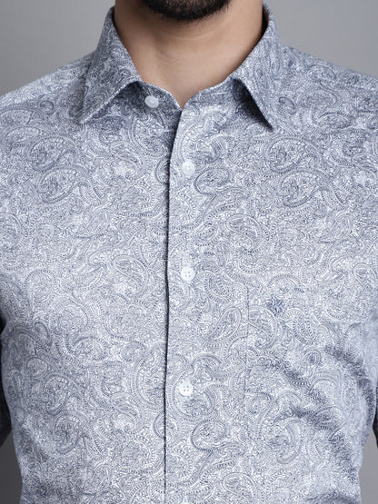 Men's Navy Regular Fit Printed Full Sleeve Party Wear Shirt