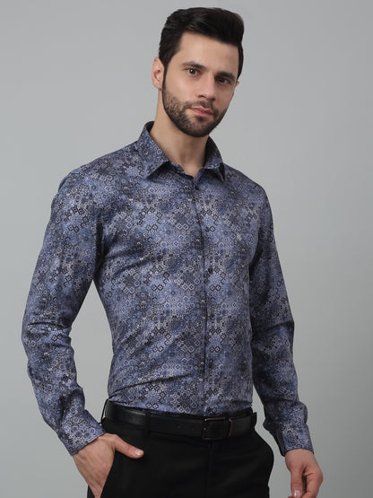 Men's Navy Blue Party Abstract Print Full Sleeve Shirt