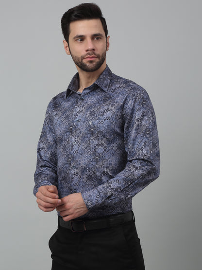 Men's Navy Blue Party Abstract Print Full Sleeve Shirt