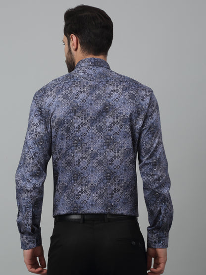 Men's Navy Blue Party Abstract Print Full Sleeve Shirt