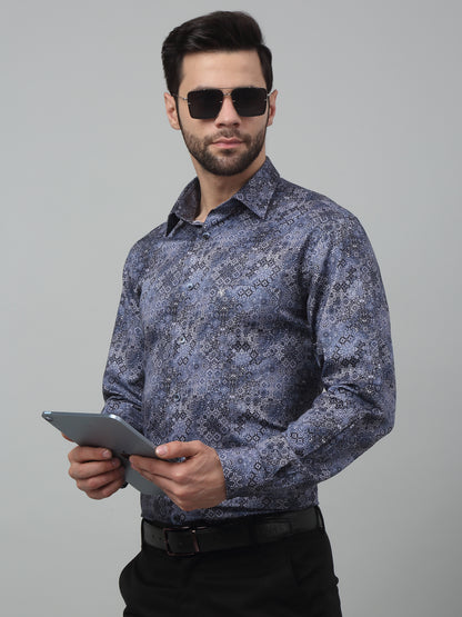 Men's Navy Blue Party Abstract Print Full Sleeve Shirt