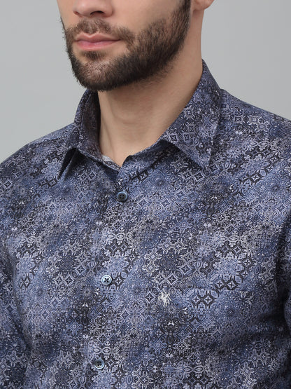 Men's Navy Blue Party Abstract Print Full Sleeve Shirt