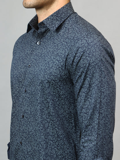 Men's Navy Blue Party Paisley Print  Full Sleeve Shirt