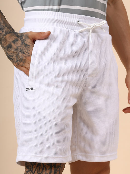 Men's Self Design White Regular Fit Casual Shorts
