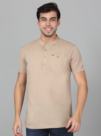 Men's Solid Beige Mandarin Collar Regular Fit Half Sleeves Kurta