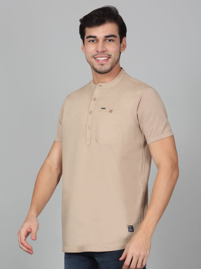 Men's Solid Beige Mandarin Collar Regular Fit Half Sleeves Kurta