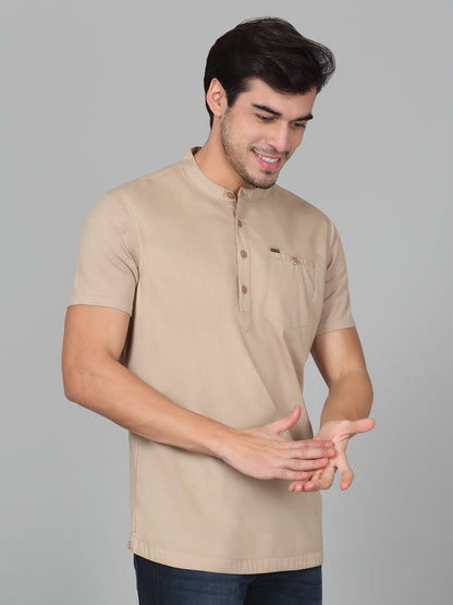 Men's Solid Beige Mandarin Collar Regular Fit Half Sleeves Kurta
