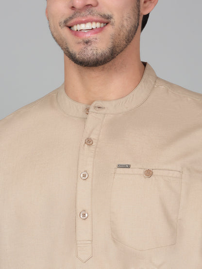 Men's Solid Beige Mandarin Collar Regular Fit Half Sleeves Kurta