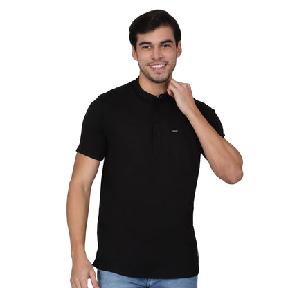 Men's Solid Black Mandarin Collar Regular Fit Half Sleeves Kurta