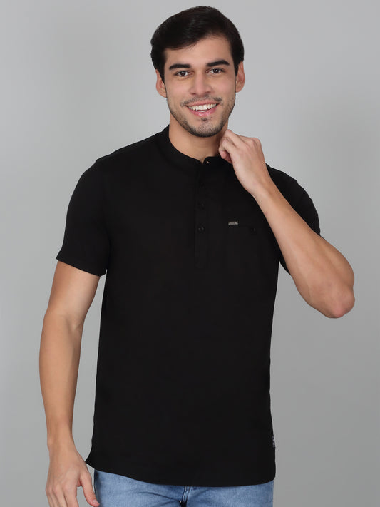 Men's Solid Black Mandarin Collar Regular Fit Half Sleeves Kurta
