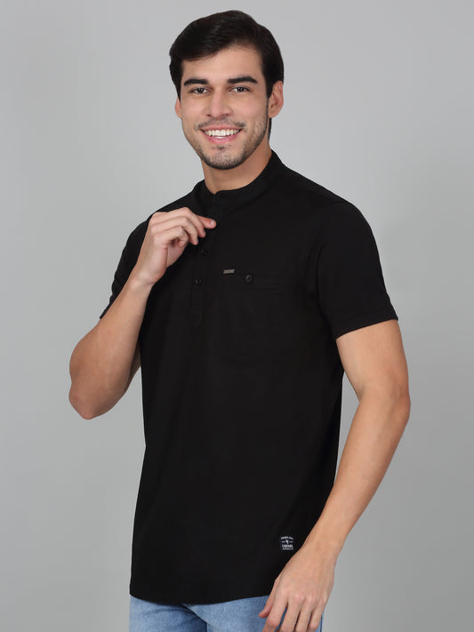 Men's Solid Black Mandarin Collar Regular Fit Half Sleeves Kurta