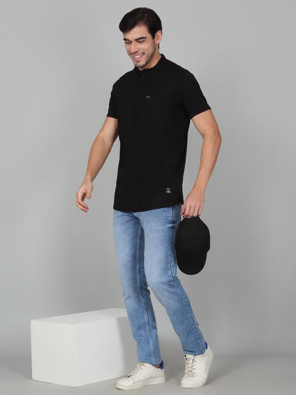 Men's Solid Black Mandarin Collar Regular Fit Half Sleeves Kurta