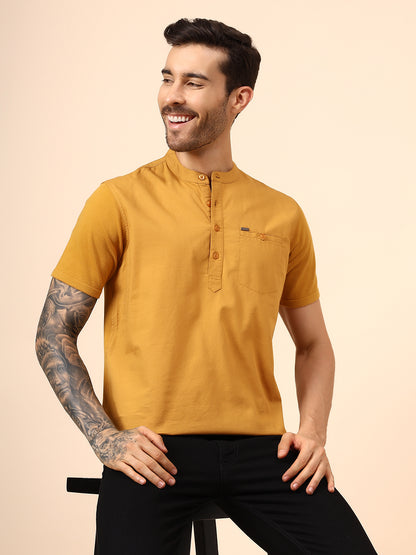 Men's Solid Mustard Mandarin Collar Half Sleeves Casual Shirt Kurta