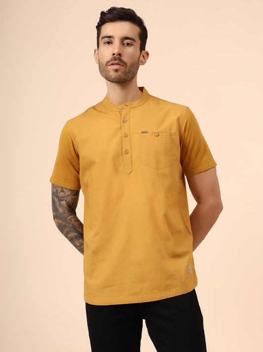 Men's Solid Mustard Mandarin Collar Half Sleeves Casual Shirt Kurta
