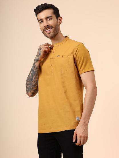 Men's Solid Mustard Mandarin Collar Half Sleeves Casual Shirt Kurta