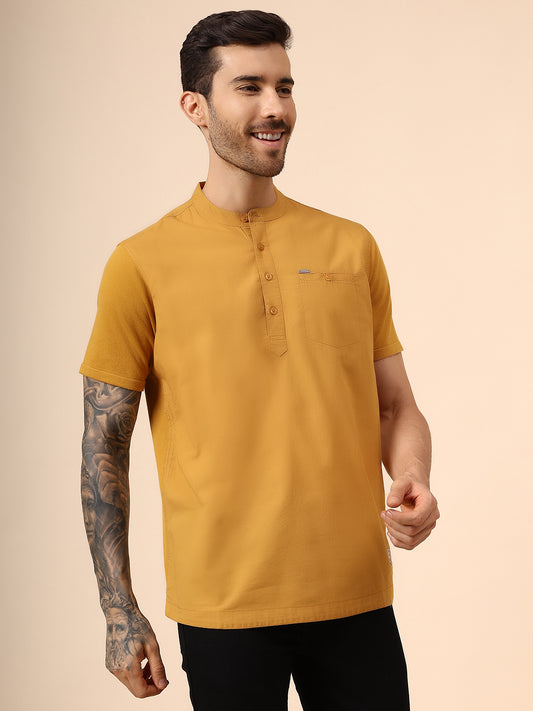 Men's Solid Mustard Mandarin Collar Half Sleeves Casual Shirt Kurta