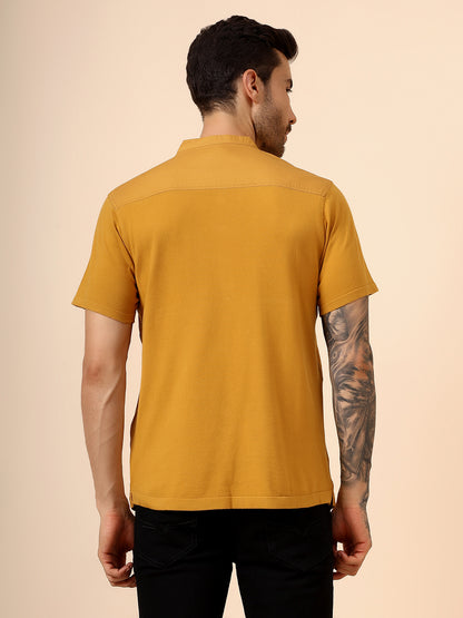 Men's Solid Mustard Mandarin Collar Half Sleeves Casual Shirt Kurta