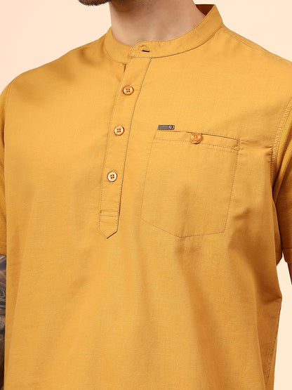 Men's Solid Mustard Mandarin Collar Half Sleeves Casual Shirt Kurta