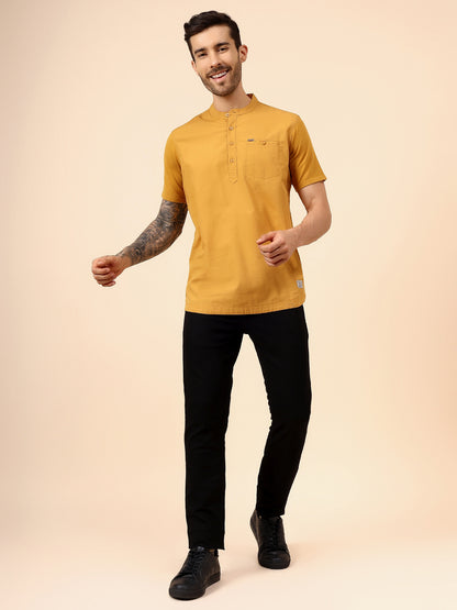 Men's Solid Mustard Mandarin Collar Half Sleeves Casual Shirt Kurta