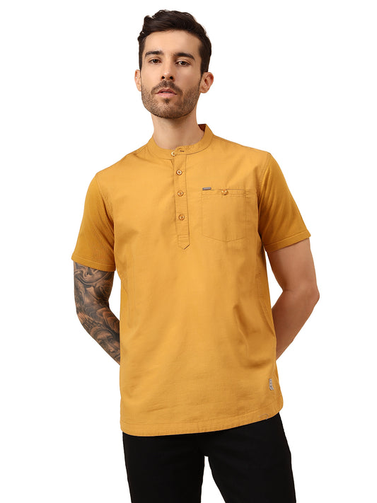 Men's Solid Mustard Mandarin Collar Half Sleeves Casual Shirt Kurta