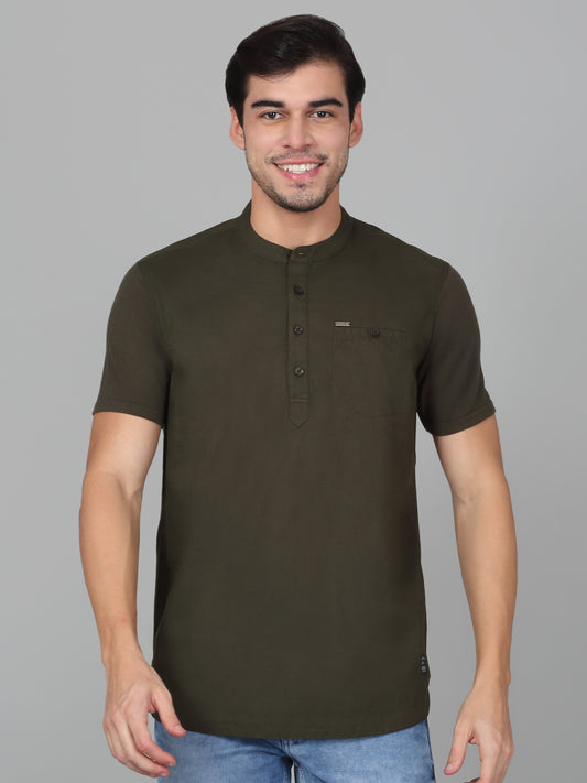 Men's Solid Green Mandarin Collar Regular Fit Half Sleeves Kurta