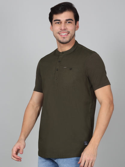 Men's Solid Green Mandarin Collar Regular Fit Half Sleeves Kurta