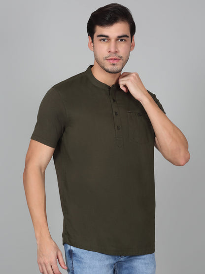 Men's Solid Green Mandarin Collar Regular Fit Half Sleeves Kurta