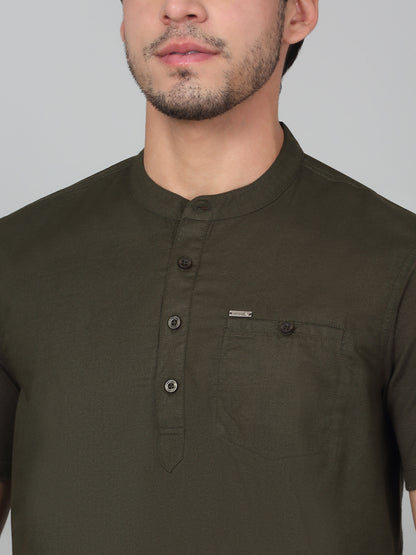 Men's Solid Green Mandarin Collar Regular Fit Half Sleeves Kurta