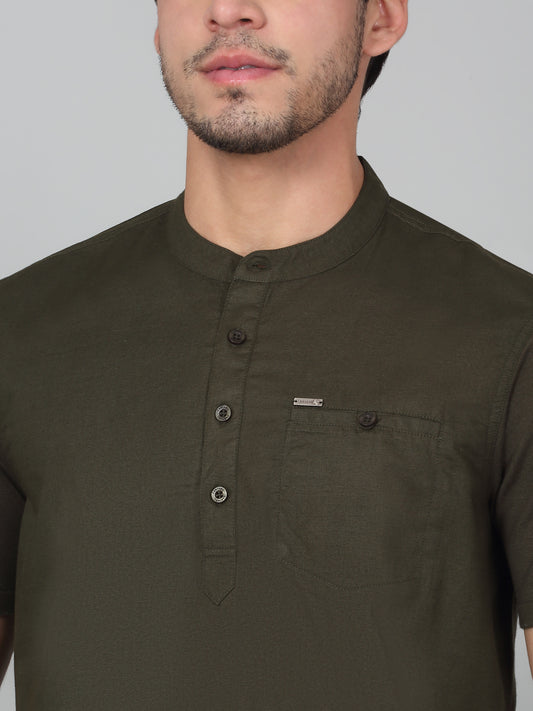 Men's Solid Green Mandarin Collar Regular Fit Half Sleeves Kurta