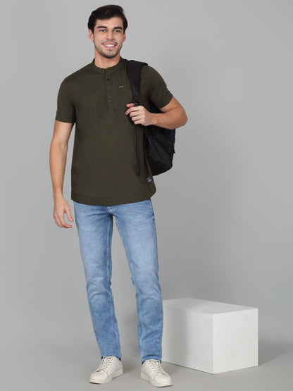 Men's Solid Green Mandarin Collar Regular Fit Half Sleeves Kurta