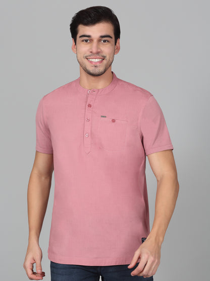 Men's Solid Pink Mandarin Collar Regular Fit Half Sleeves Kurta
