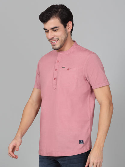 Men's Solid Pink Mandarin Collar Regular Fit Half Sleeves Kurta