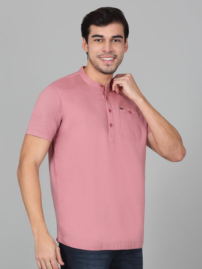Men's Solid Pink Mandarin Collar Regular Fit Half Sleeves Kurta
