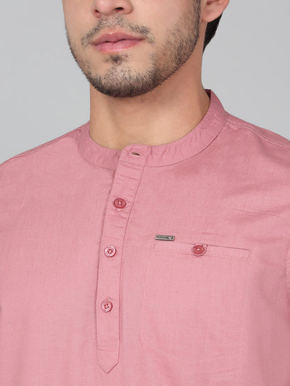 Men's Solid Pink Mandarin Collar Regular Fit Half Sleeves Kurta