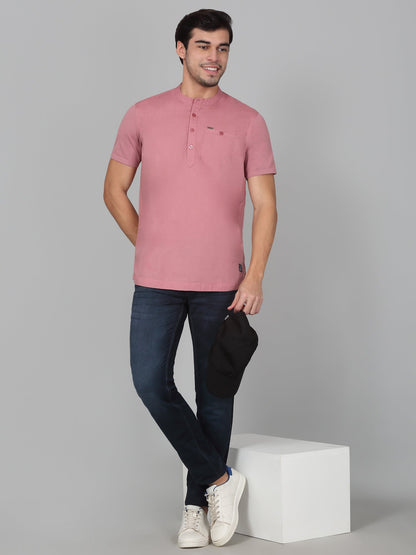Men's Solid Pink Mandarin Collar Regular Fit Half Sleeves Kurta