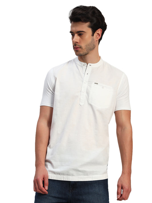 Men's Solid White Mandarin Collar Half Sleeve Kurta